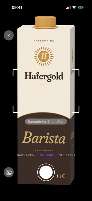 Productbase auf dem iPhone, die Kamera erfasst den Barcode eines Haferdrinks